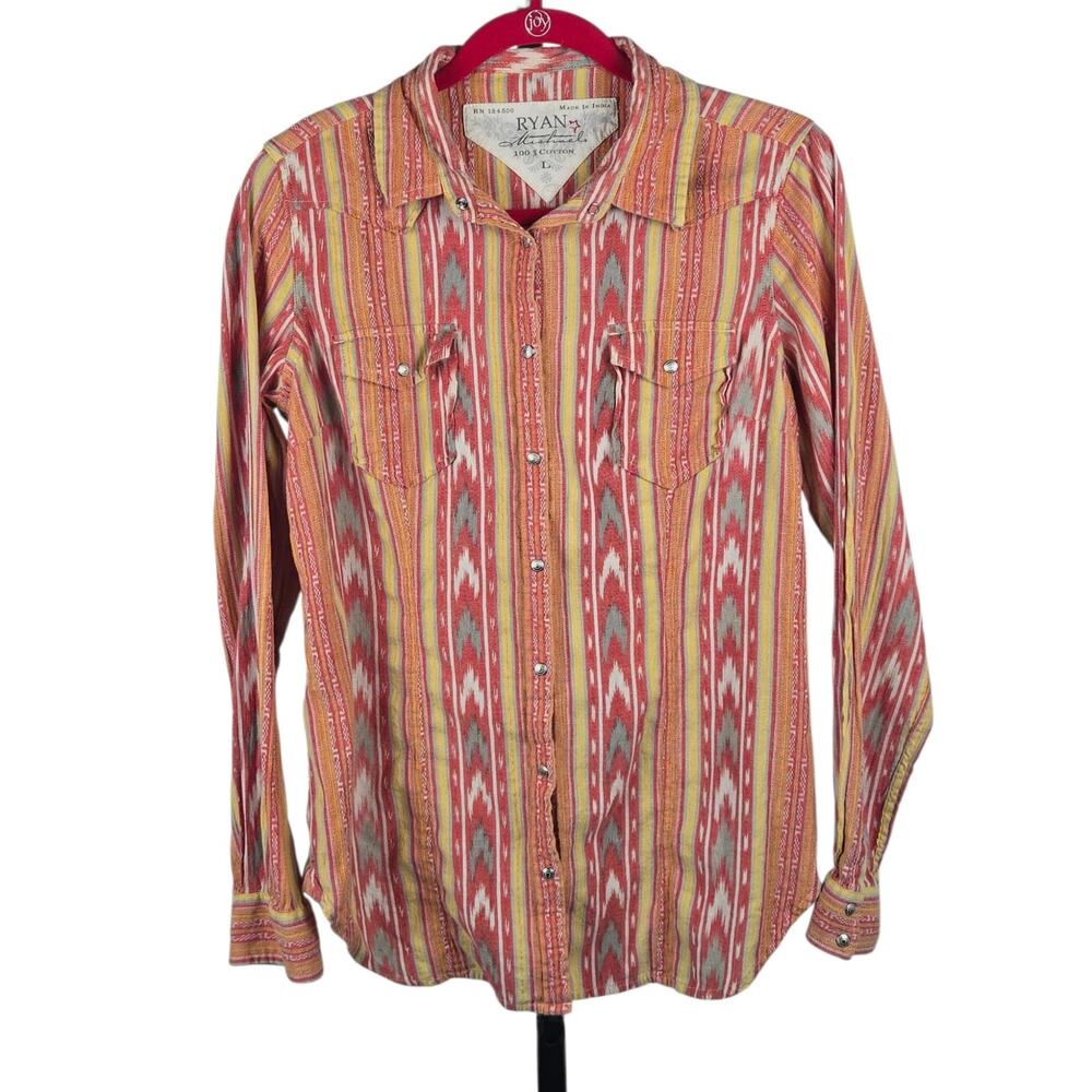 Ryan Michael Aztec Ikat Stripe Men's Western Snap Shirt Multicolor Size L
